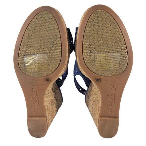 Lucky Brand RAZIAH Blue Lace Material Upper 5" inch Cork Wedge Heel Sandals 7.5M - Picture 4 of 6